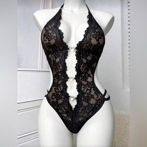 Women's Sexy Lace Teddy Bodysuit S Black Sheer Cutout Heart Rhinestone NWT